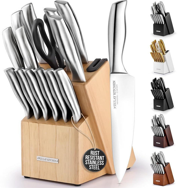 Zulay Premium Quality 15-Piece Knife Set with Natural Wood Block, Ultra Sharp, One-Piece Design Stainless Steel Knives Engineered for Precision Cutting, Durable and Rust-Proof, with Built-in Sharpener