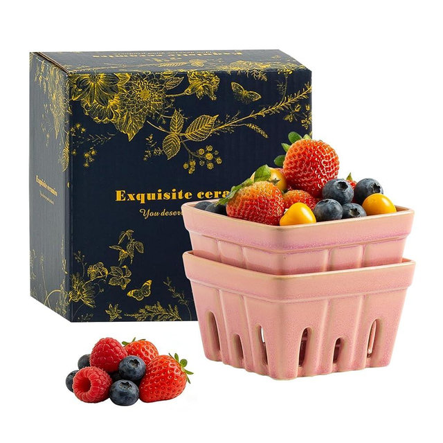 Ceramic Berry Basket Fruit Basket for Kitchen Counter Square Fruit Bowl with Holes Berry Colander Containers for Fridge Decorative Strawberry Grape Cherry Dish Kitchen Decor 4.2 Inch Set of 2 (pink)