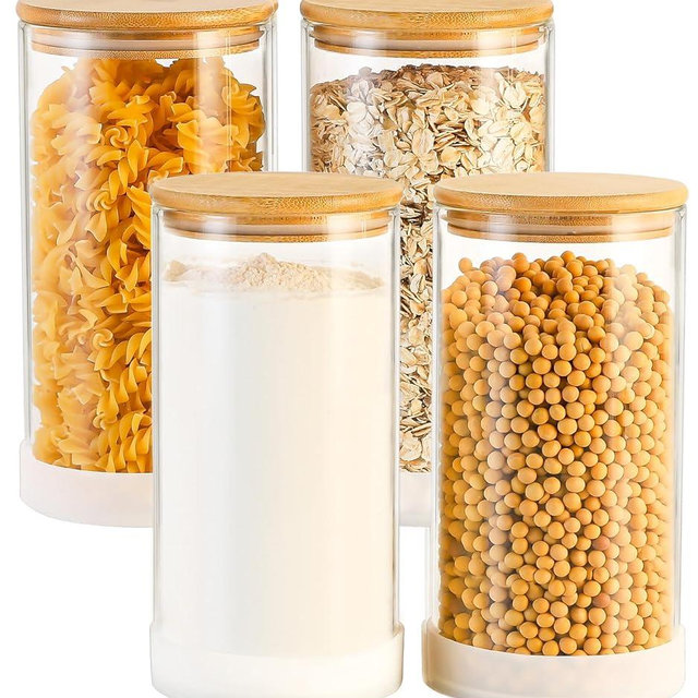 TBWIND 53oz Round Glass Storage Containers with Bamboo Lids – 4 Pack Large Airtight Glass Jars for Pantry Organization, Kitchen Dry Food, Flour, Cereal, Coffee Beans & Staples