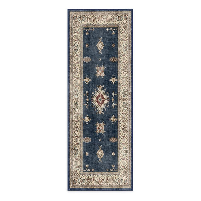 RUGGABLE Washable Vintage Runner Rug – Verena Sapphire 2.5x7, Stain-Resistant, Non-Slip Hallway Runner with Standard Pad – Machine Washable Rug for Hallway, Entryway, Living Room & Kitchen