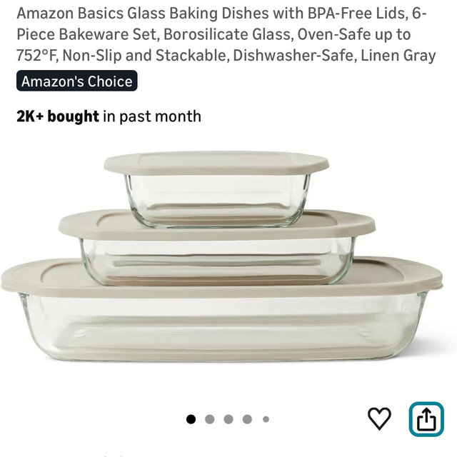 Amazon Basics Glass Baking Dishes with BPA-Free Lids, 6-Piece Bakeware Set, Borosilicate Glass, Oven-Safe up to 752°F, Non-Slip and Stackable, Dishwasher-Safe, Linen Gray
