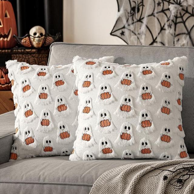 MIULEE Fall Ghost Pumpkin Plush Faux Fur Pillow Covers 20x20 Inch Set of 2 Soft Halloween Cute Decor for Sofa Couch Bed Living Room, White Rust Festive Home Accents