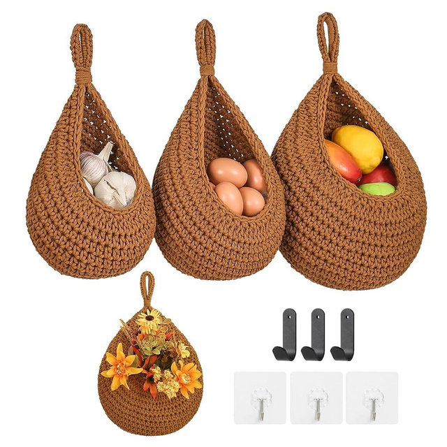 Boho Wall Hanging Fruit Baskets for Kitchen 3 Pack Woven Produce Holder with 6 Pcs Strong Hooks Vegetable Hanging Basket for Organizing Teardrop Home Wall Potato Onion Storage, Caramel