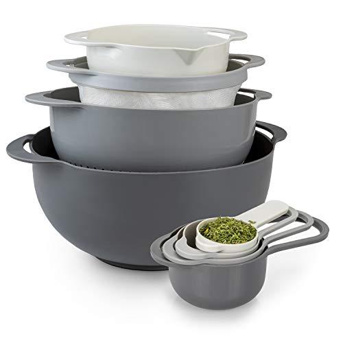 Cook With Color 8 Piece Nesting Bowls with Measuring Cups Colander and Sifter Set | Includes 2 Mixing Bowls, 1 Colander, 1 Sifter and 4 Measuring Cups, Gray