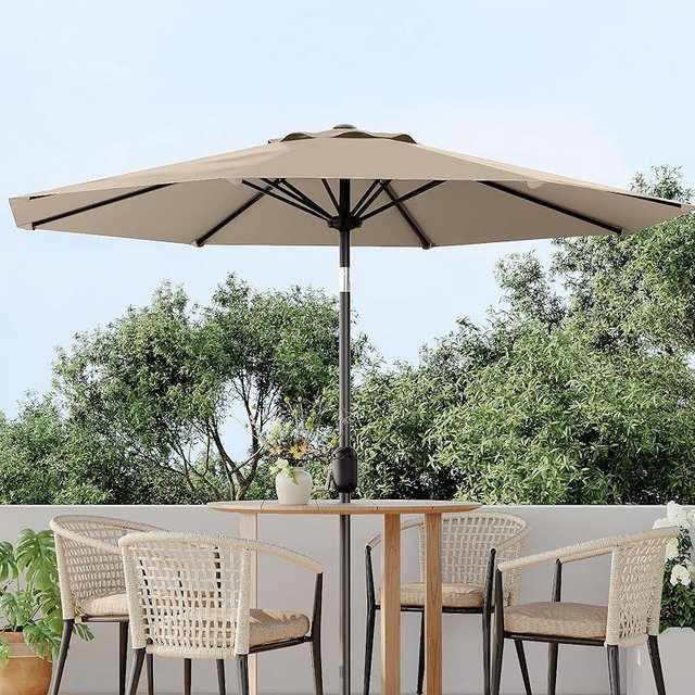 9FT Outdoor Patio Umbrella, Outdoor Table Umbrella, Market Umbrella With Push Button Tilt and Crank, 8 Sturdy Ribs UV Protection Waterproof for Garden, Deck, Backyard, Pool, Tan