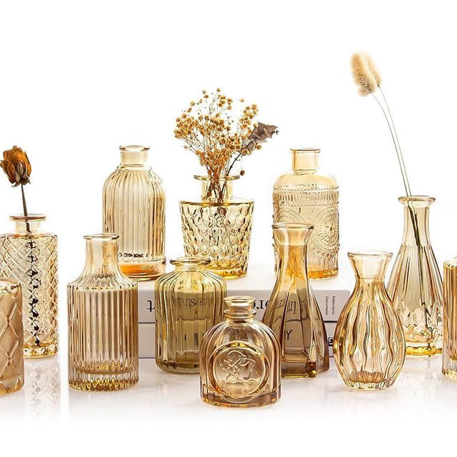 TBWIND Gold Amber Glass Bud Vases Set of 12, Small Vases for Flowers, Champagne Mini Vintage Vases for Centerpieces,Bud Vase in Bulk for Wedding Decor,Single Flowers,Office and Home Table Flower Décor