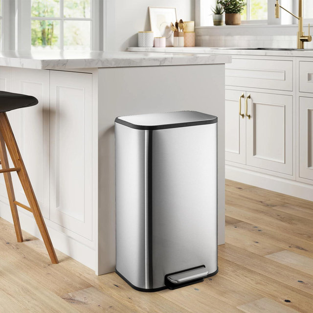 8 Gallon Kitchen Trash Can with Lid, Stainless Steel Garbage Can with Foot Pedal & Removable Inner Bucket, Rectangular Step On Waste Bin