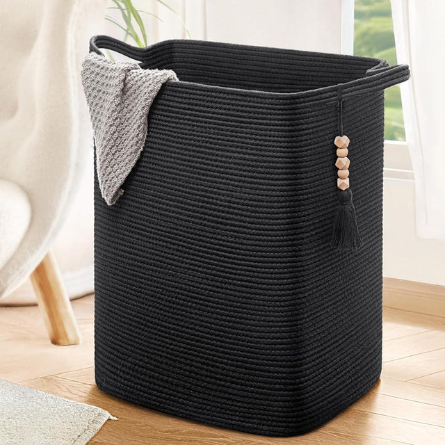 Goodpick Laundry Hamper, Tall Woven Storage Blanket Basket with for Living room, Laundry Basket for Clothes, Toys,Towels, Pillows, 16x13x22in, Black