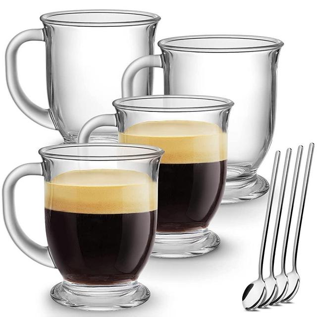 Luxu Glass Coffee Mugs Set of 4 Large Wide Mouth Mocha Hot Beverage Mugs (14oz) Clear Espresso Cups with Handle Lead-Free Drinking Glassware Perfect