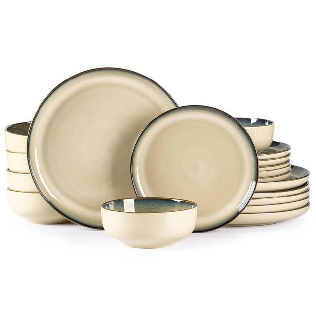 GBHOME Ceramic Dinnerware Sets for 6, 18 Pieces Stoneware Plates and Bowls Sets, Reactive Glaze Dishes -Scratch Resistant, Dishwasher&Microwave Safe,Pale Khaki