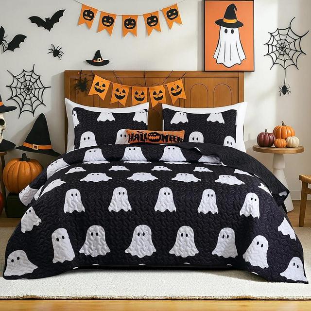 JANZAA Halloween Quilt King Size Black Quilt Bedding Set with Ghost Pattern Microfiber Quilts Set 3 Pieces Lightweight Comforter 1 King Size Quilt (104"*90") and 2 Pillowcases(20"*36")