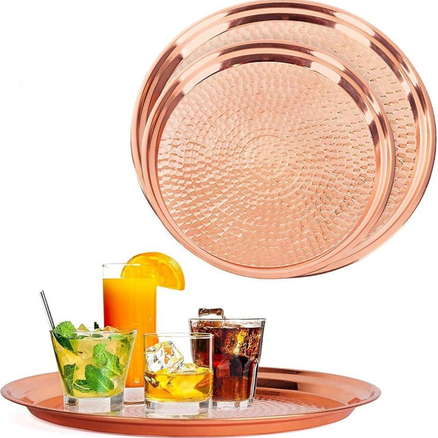 2-Pack Copper Tray - Large 15" Round, Medium 13" Round - Rose Gold Decorative Serving Trays by Bonito Home