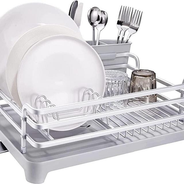 HBlife Aluminum Dish Drying Rack, Never Rust Sink Dish Drying Rack with Utensil Holder, Removable Plastic Drainer Tray with Adjustable Swivel Spout(Silver Gray)