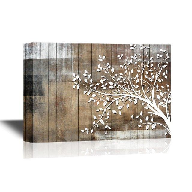 wall26 Abstract Tree Canvas Wall Art - White Tree Branch with Leaves on Wood Style Background - Gallery Wrap Modern Home Decor | Ready to Hang - 24x36 inches