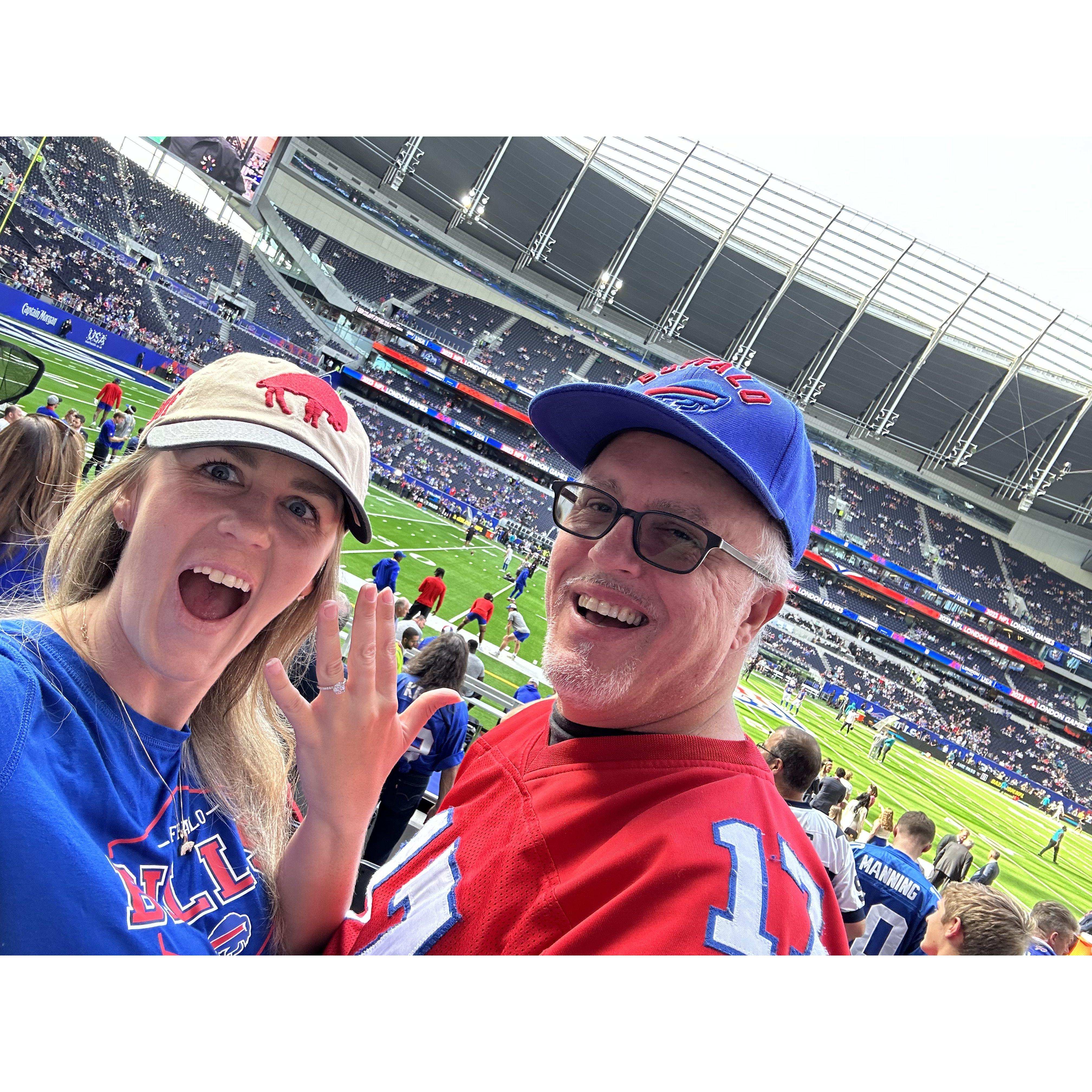 We celebrated our engagement at the Buffalo Bills game in London!
