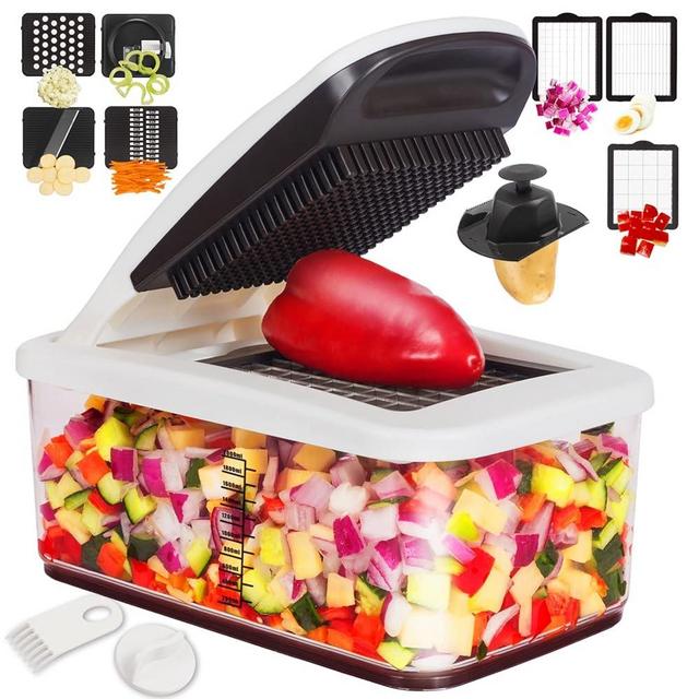 RüK Vegetable Chopper, Extra Large Chopper Vegetable Cutter, Multifunctional 10-in-1 Pro Food Chopper - 6 Blades, 4 Vegetable Spiralizers, E-Recipes - Veggie Chopper with Container