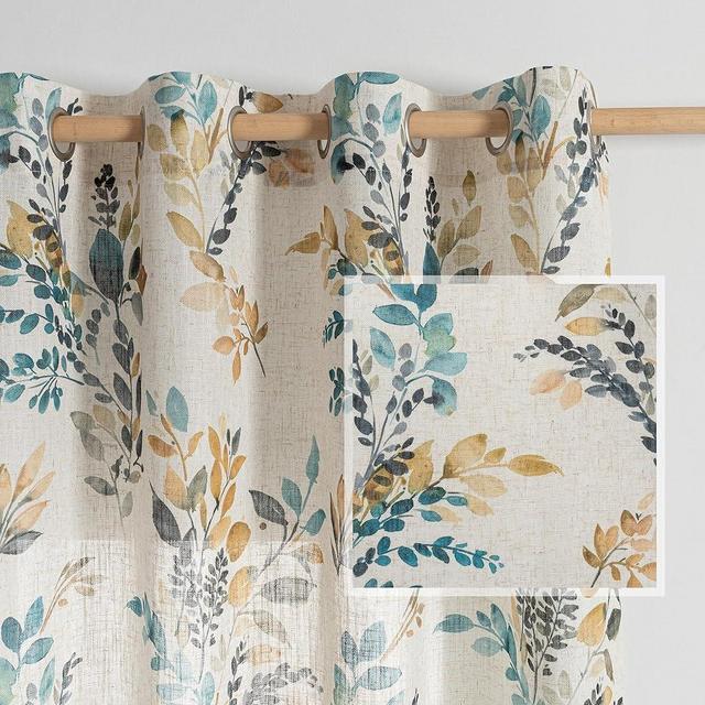 MYSKY HOME Curtains for Living Room Semi Sheer 84 inch Length Light Filtering Privacy Protect Drapes Set Linen Blended Texture Soft Touch Leaves Pattern Treatment, 52" Wide, Yellow and Blue, 2 Panels