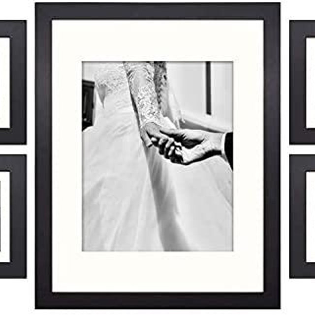 Frametory, Gallery Wall Frame Set of 7 Multiple Sizes 11x14, 8x10, 5x7 Picture Frame Collage with Ivory Color Mat for Prints, with Real Glass (Black)