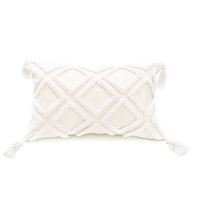 Boho Lumbar Throw Pillow Cover 12x20 Inch for Couch, Cream White Crafted Tufted Diamond Textured Soft Chenille Small Cushion Case with Tassels, 1 PC
