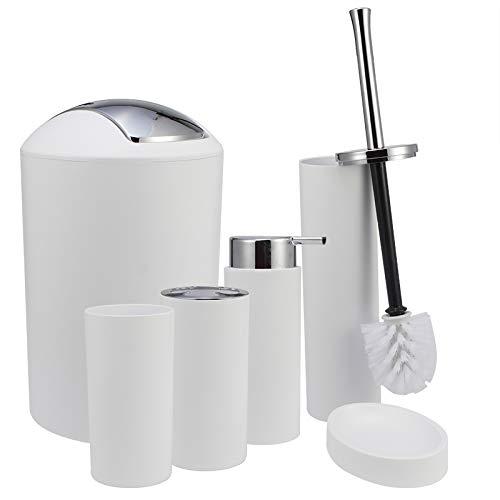 iMucci White 6pcs Bathroom Accessories Set - with Trash Can Toothbrush Holder Soap Dispenser Soap and Lotion Set Tumbler Cup