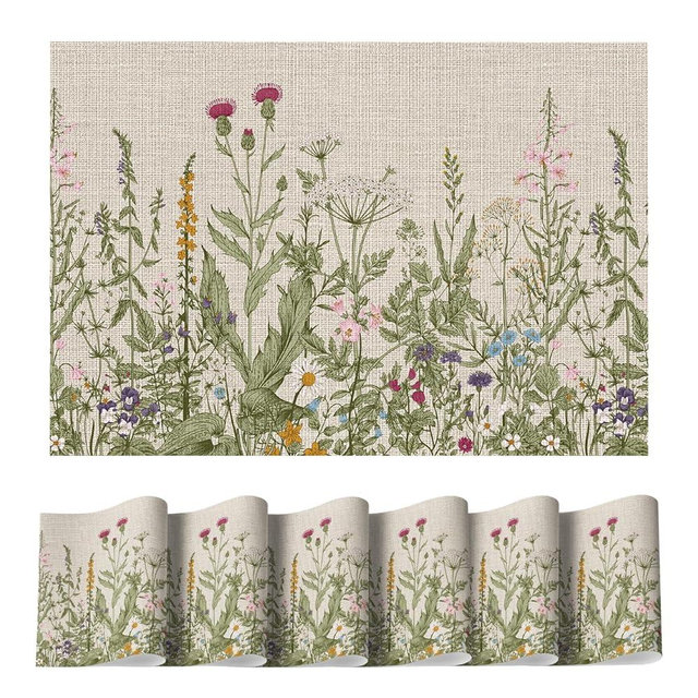 Artoid Mode Wild Flower Vinyl Placemats Set of 6, Wipeable Colorful Printing PVC Table Mats for Spring Party Kitchen Dining Decor, 12x18 Inch