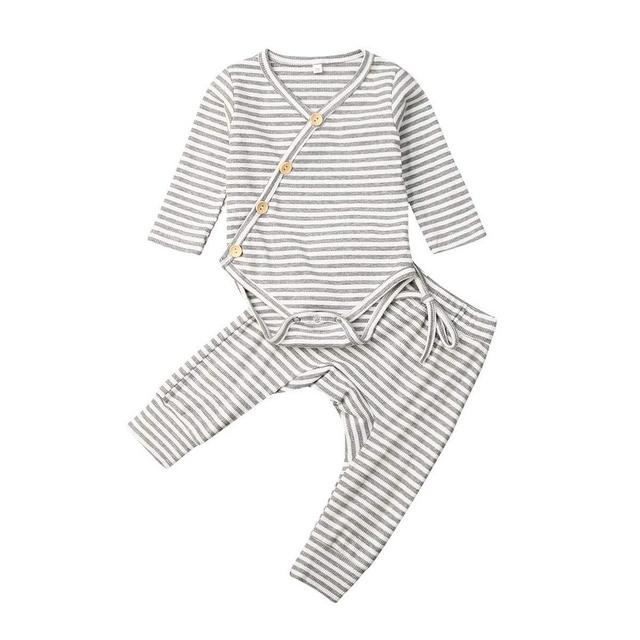 Newborn Unisex Baby Organic Cotton Kimono Onesies+Solid Pants-Basic Plain Rib Stitch Knitted Outfits Set