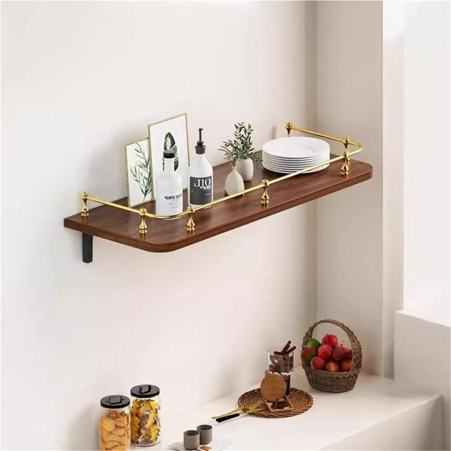 Xyzzlphn Wooden Wall-Mounted Storage Shelves, Vintage Wall Display Rack Decorative Shelf with Gold Guardrail, Simple Floating Organizer Shelves for Living Room Kitchen Bathroom(Brown,60cm/23.6'')