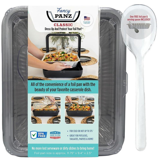 Fancy Panz - Platinum Classic Aluminum Foil Pan Carrier with Lid - Elevated Food Serving Tray - Portable Casserole Carrier with Lid - Made in The USA Hosting Essentials