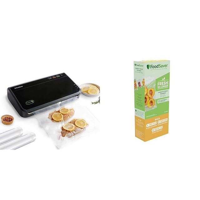 FoodSaver Vacuum Sealer Machine with Automatic Bag Detection, Sealer Bags and Roll & Vacuum Sealer Bags, Variety Pack, 30-Count, 5 Pint-sized, 15 Quart-sized, 10 Gallon-sized