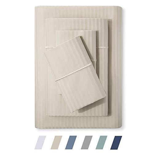 Feather & Stitch 500 Thread Count 100% Cotton Stripe Sheets + 2 Pillowcases, Soft Sateen Weave, Deep Pocket, Hotel Collection, Luxury Bedding Set (Beige, King)
