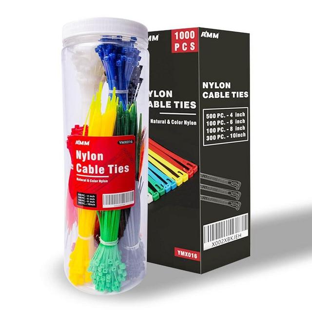 AMM Cable Zip Ties，1000 Pack colored zip ties Assorted Sizes 4, 6, 8 and 10 inches with a plastic storage jar，Multi-Purpose Self-Locking Nylon Cable Ties Cord Management Ties,Wire Ties for Home,Office