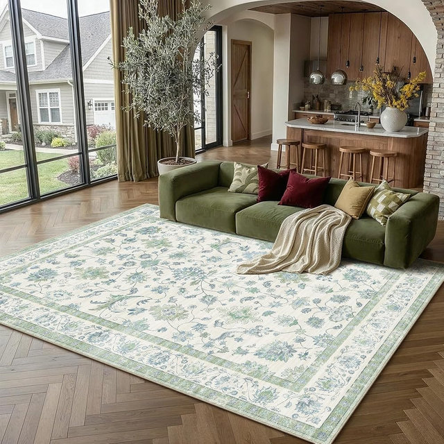 HUGEAR Area Rug 6x9 Vintage Green Machine Washable Living Room Rugs Distressed Retro Floral Vacuumable Low Pile Carpet Bedroom Office Dining Farmhouse Playroom Non Slip