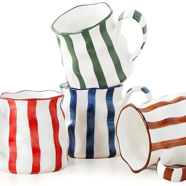 Mithrgrous Ceramic Coffee Mugs Set of 4,Cute Mugs (Striped),14 oz Large Cups For Latte Tea Milk，Hand Painted Coffee Mugs Set Dishwasher Microwave Safe