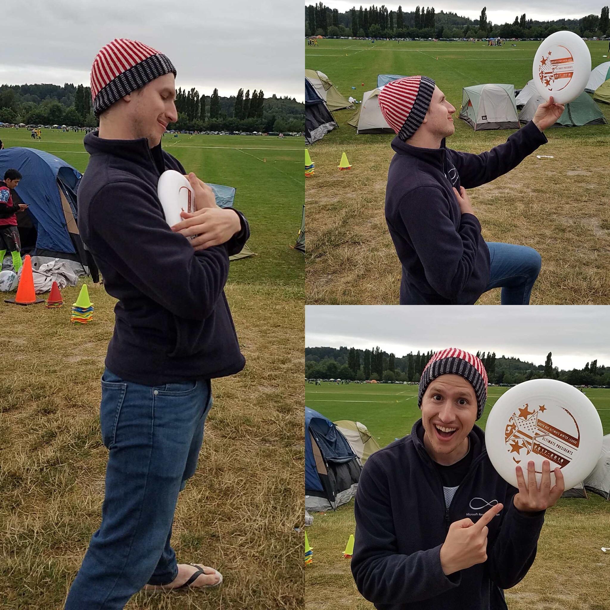 A scientifically accurate reenactment of the proposal by Chris and a flying disk (aka "Frisbee"). Basically actual footage.
(Chris & Frisbee)