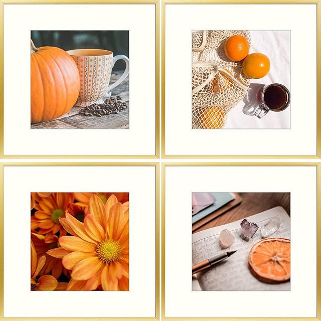 Golden State Art, Gold Aluminum Metal Wall Photo Frame Collection with Ivory Color Mat for Picture & Real Glass (12x12 Frame, 4-Pack)