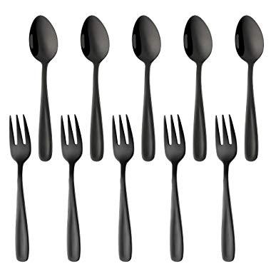 Color ME 5.4 inch Black Coffee Spoons and Cake Fork Set, 10 pcs Stainless Steel Teaspoons Dessert Forks Set