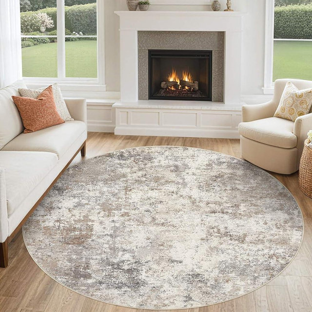UERMEI 5ft Round Area Rug Living Room Rugs - 5x5 Washable Neutral Modern Abstract Soft Thin Rug Indoor Floor No Slip Rug Carpet for Bedroom Under Dining Table Home Office Decor - Brown Grey