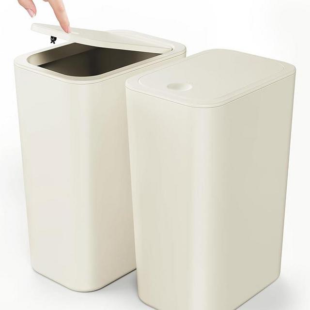 Cesun 2 Pack Bathroom Trash Can with Lid, 4.0 Gallon / 15 Liter Small Garbage Can with Press Top Lid, Plastic Wastebasket with Pop-up Lid for Toilet, Office, Bedroom, Living Room, White