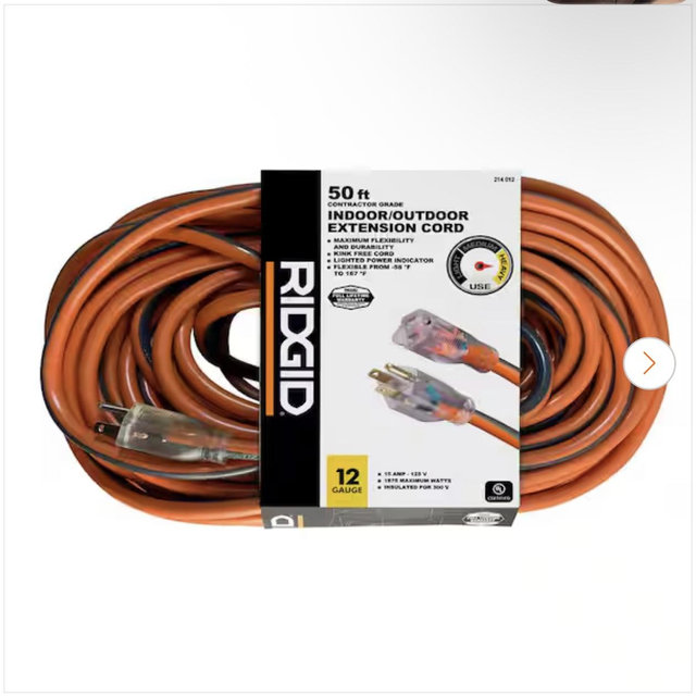 RIDGID 50 ft. 12/3 Heavy Duty Indoor/Outdoor Extension Cord with Lighted End, Orange/Grey 74050RGD