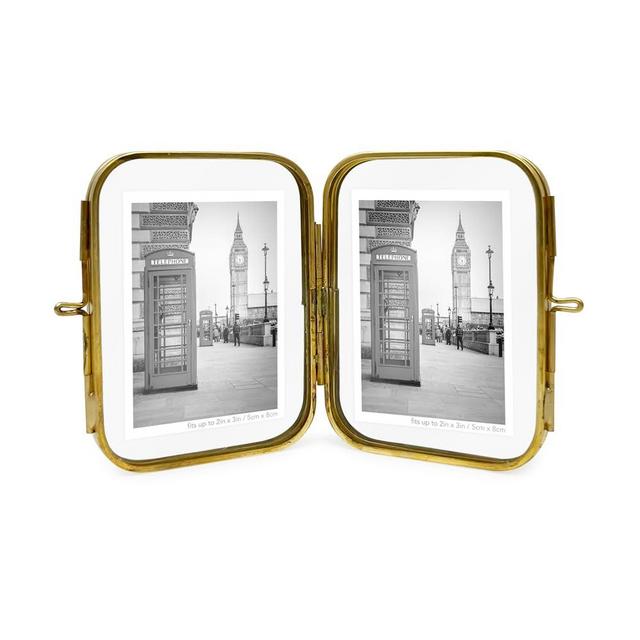 Isaac Jacobs 2x3 Vintage Style, Double-Sided Round-Edged Brass & Glass Metal Floating Picture Frame with Locket Closure (Vertical), Made for Tabletop Display (2x3, Antique Gold)