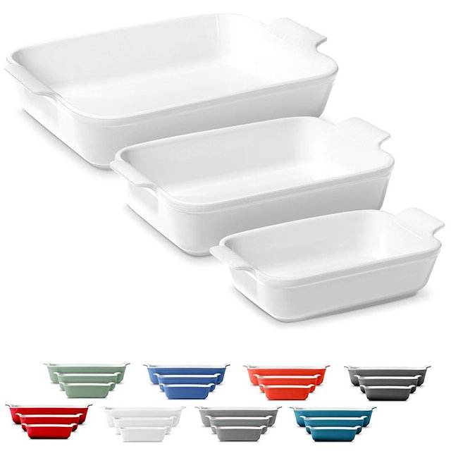 ROSSALLINI Stoneware Casserole Dish Bakeware Set of 3 | Rectangular Dinnerware Set with Handles [Glossy White]