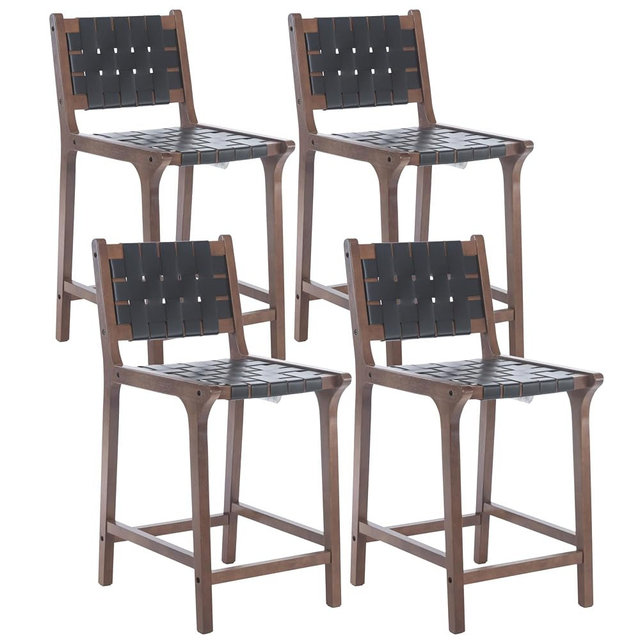DM Furniture 23.5" Woven Bar Stools Set of 4 Faux Leather Strips Counter Height Barstools Wood Straps Bar Chair with Back for Home Kitchen Island/Dining, Black