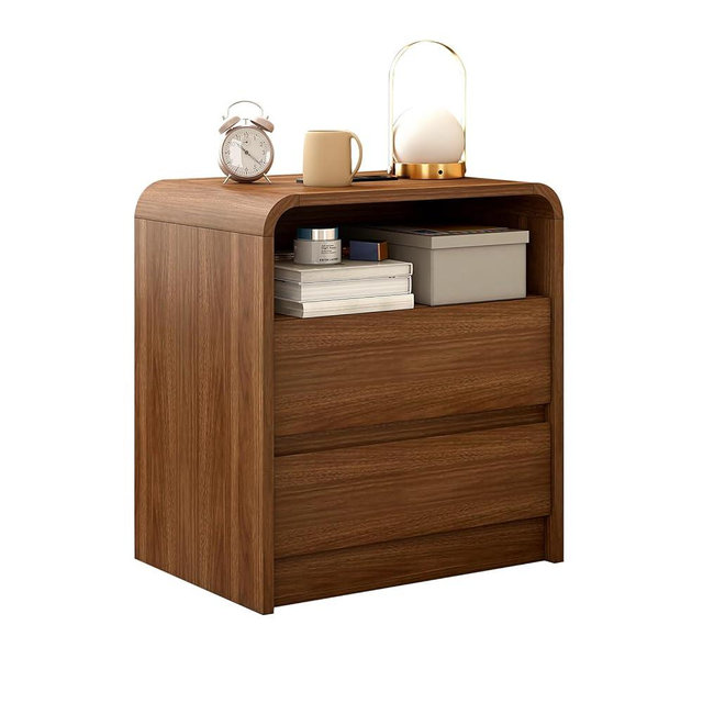 Messenya Modern Nightstand, 23.6-Inch Wide with Charging Station & Curved Anti-Collision Design, Mid-Century Storage Cabinet, Pre-Embedded Slots, Sturdy & Reusable, Ideal for Dorm, Sofa, or Office (1)