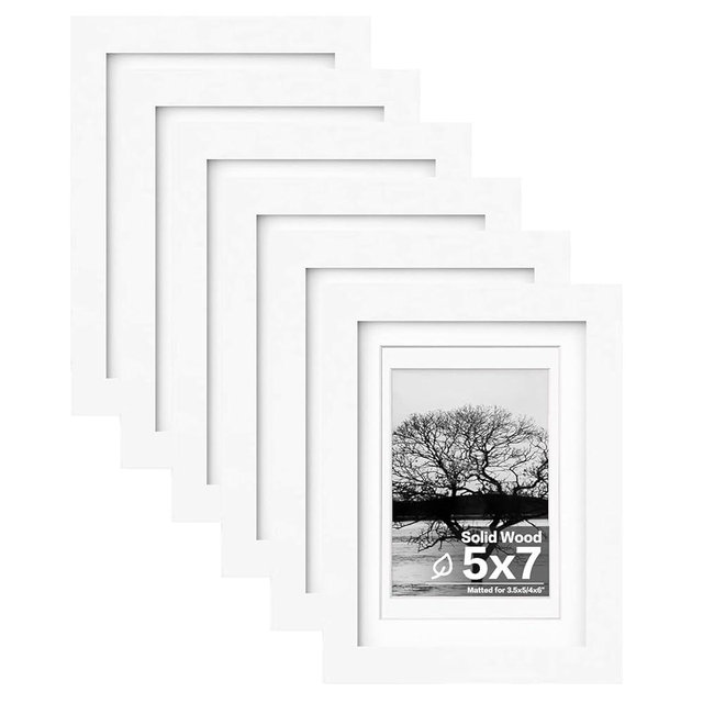 Egofine 5x7 Picture Frames 6 PCS - Made of Solid Wood Covered by Plexiglass Matted for 4x6 and 3.5x5 for Table Top Display and Wall Mounting photo frame White