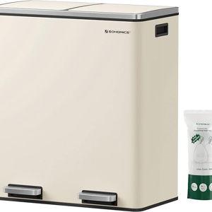 SONGMICS Trash Can, 2 x 8 Gallon (2 x 30 L) Garbage Can for Kitchen, with 15 Trash Bags, 2 Compartments, Plastic Inner Buckets and Hinged Lids, Airtight, Almond Color ULTB201A01