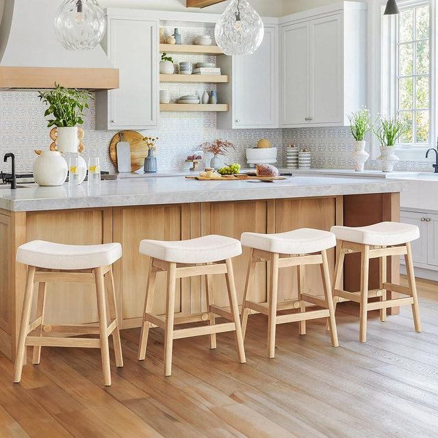 Cozyman Bar Stools Set of 4, Barstools with Sturdy Wood Legs, Saddle Seat Counter Height Bar Stools for Kitchen Counter, Bar, Dining, 24 Inch Farmhouse Counter Stools, Beige