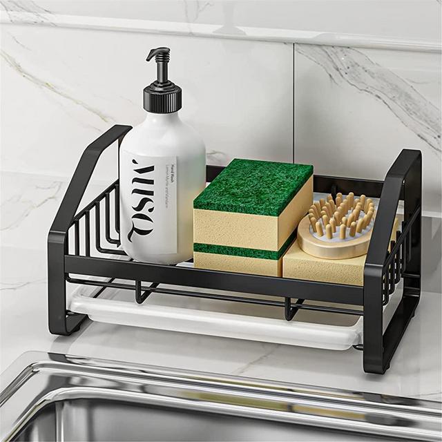 Sink Caddy, Sponge Holder for Kitchen Sink, Kitchen Bathroom Sink Organizer, 304 Stainless Steel Kitchen Countertop Organizer Soap Tray with Removable Drain Tray-Black