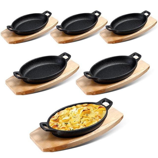 Mifoci 6 Sets Mini Cast Iron Skillets,oval Fajita Plates with Wooden Base Dish Tray Serving Sizzling Plate for Baking Roasting Cooking Grilling Appetizer (8.7x4.7x1.6 In)