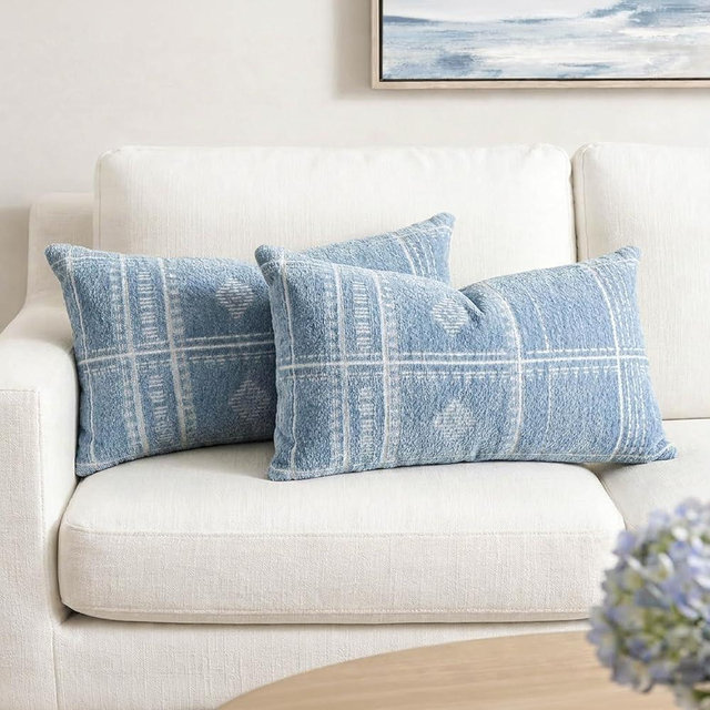 BlissBlush Decorative Lumbar Pillow Covers 12x20 Set of 2, Coastal Blue Chenille Accent Rectangular Throw Pillow Covers for Couch Sofa Living Room Home Décor (Cover Only)