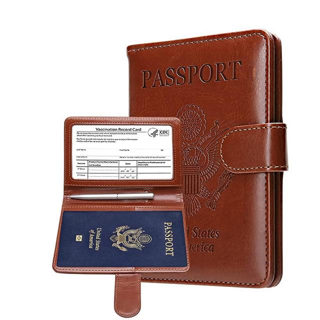 MCmolis Passport and Vaccine Card Holder Combo,RFID Blocking Leather Cover Case Travel Documents Organizer Protector With CDC Vaccination Card Slot and Magnetic Buckle-Brown